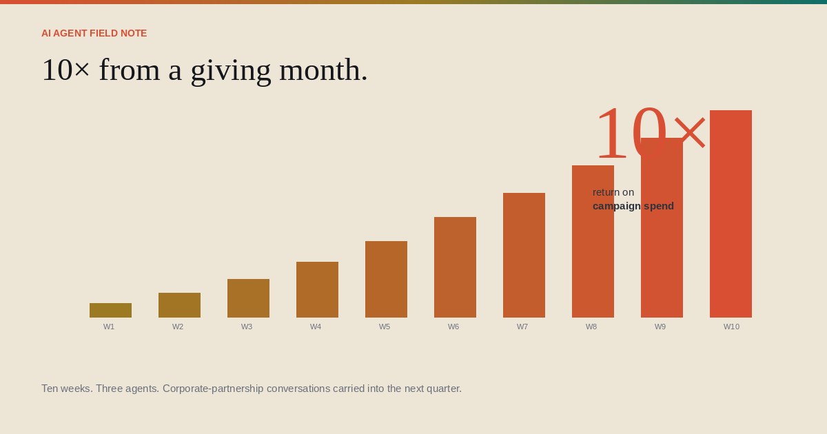 10× return on campaign spend across a 10-week giving month window.